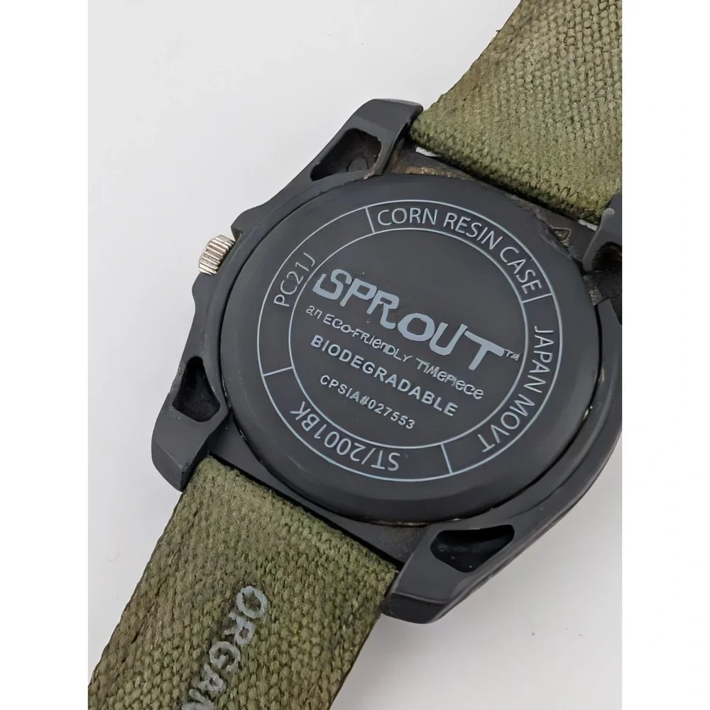Sprout Corn Resin Case Biodegradable Unisex Watch Green Canvas Band- New Battery